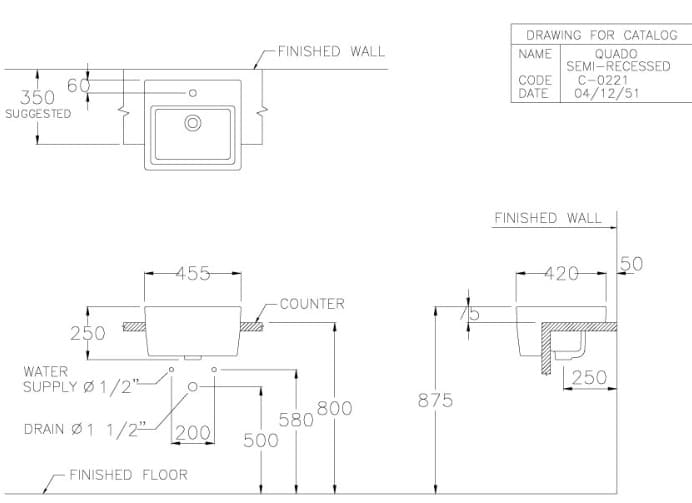Bản vẽ Chậu rửa mặt bán âm bàn COTTO C02217