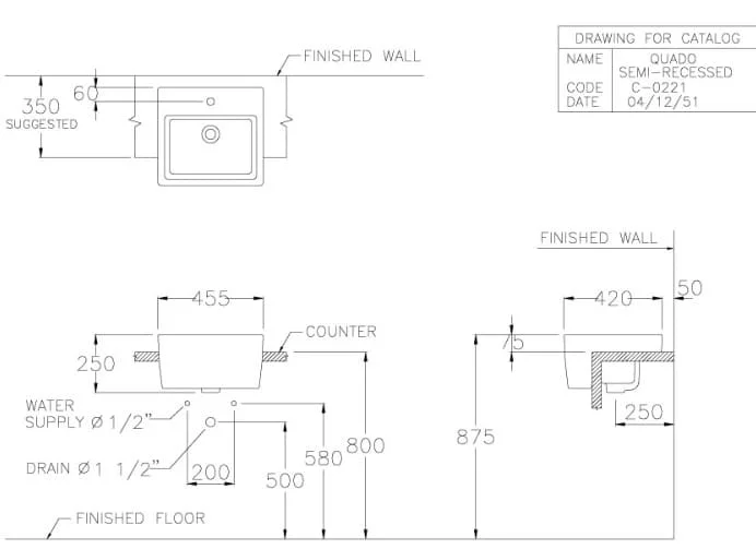 Bản vẽ Chậu rửa mặt bán âm bàn COTTO C02217