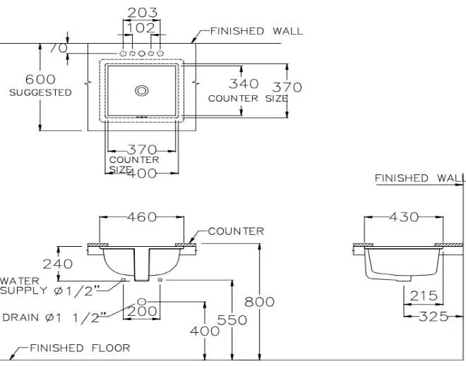 Bản vẽ Chậu rửa mặt âm bàn COTTO C0512