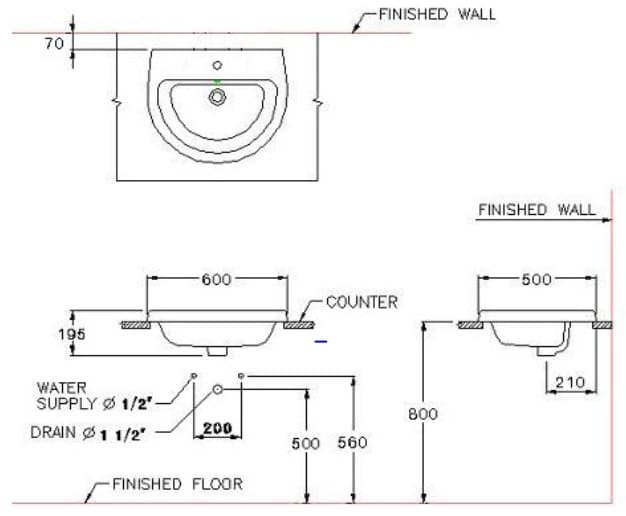 Bản vẽ Chậu rửa mặt dương vành COTTO C05847