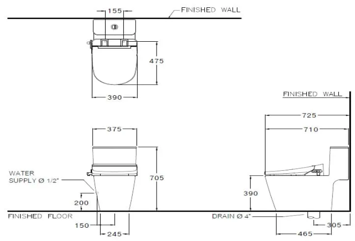 Bản vẽ Bàn Cầu 1 Khối Nắp Điện Tử COTTO C103327(CV4)