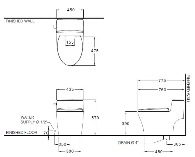 Bản vẽ Bàn Cầu 1 Khối Xả Gạt Nắp Êm COTTO C10357