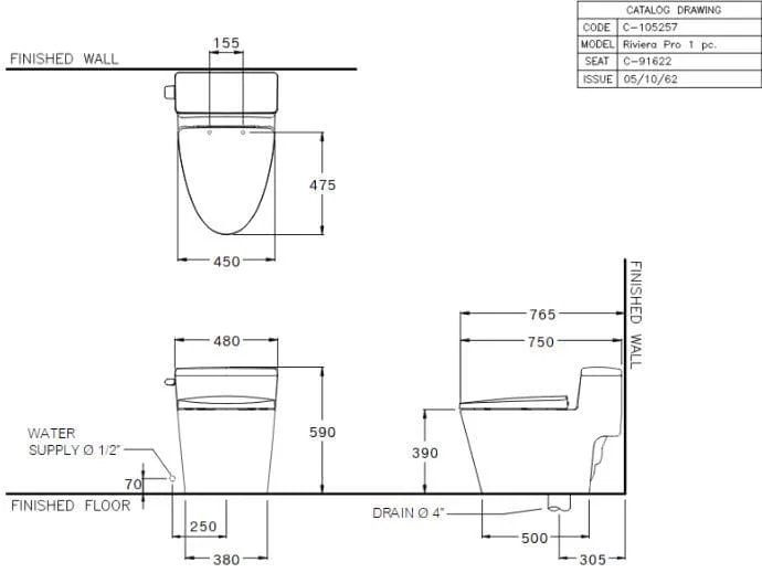 Bản vẽ Bàn Cầu 1 Khối Xả Gạt Nắp Êm COTTO C105257