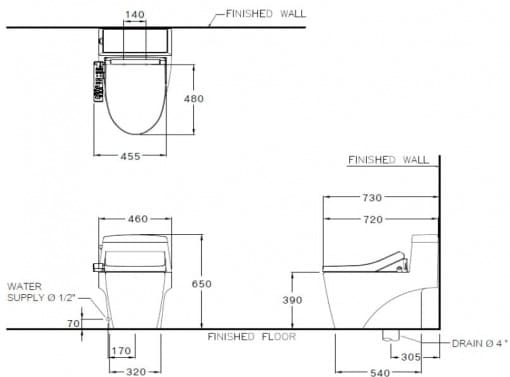 Bản vẽ Bàn Cầu 1 Khối Nắp Điện Tử COTTO C10527(CV3)