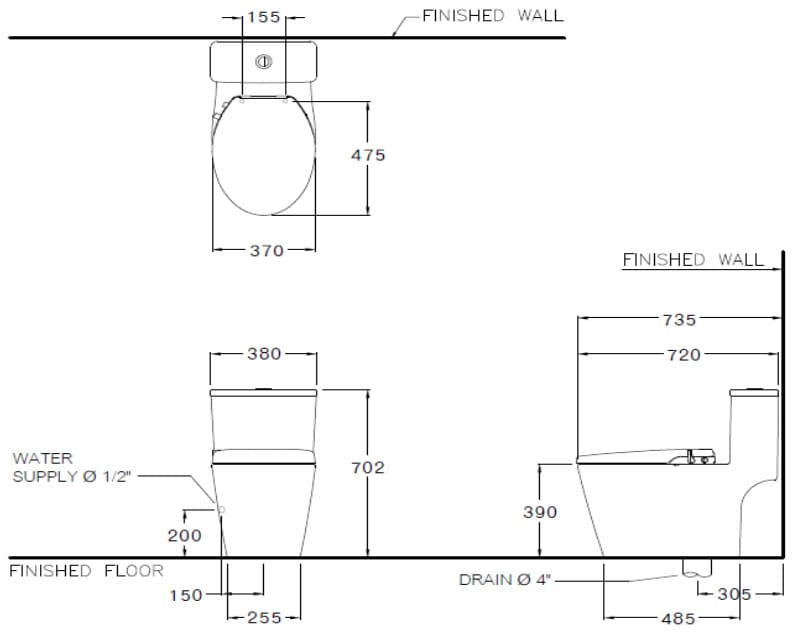 Bản vẽ Bàn Cầu 1 Khối Nắp Rửa Cơ COTTO C110507(CN1)