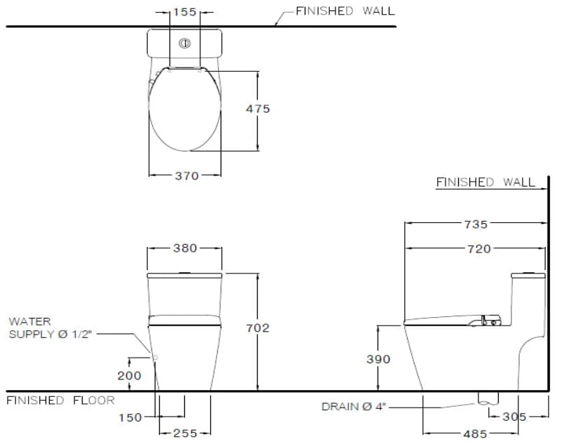 Bản vẽ Bàn Cầu 1 Khối Nắp Rửa Cơ COTTO C110507(CN1)