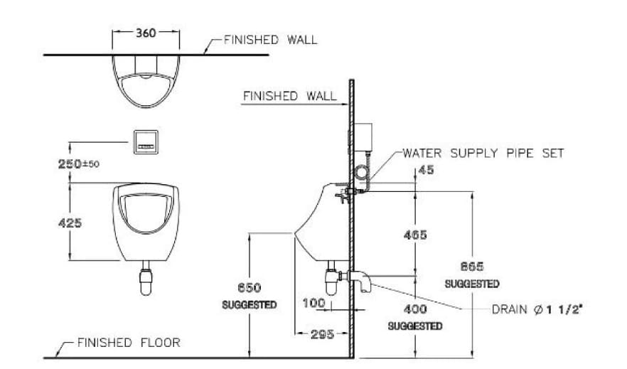 Bản vẽ Bồn Tiểu Nam Treo Tường COTTO C3080BI