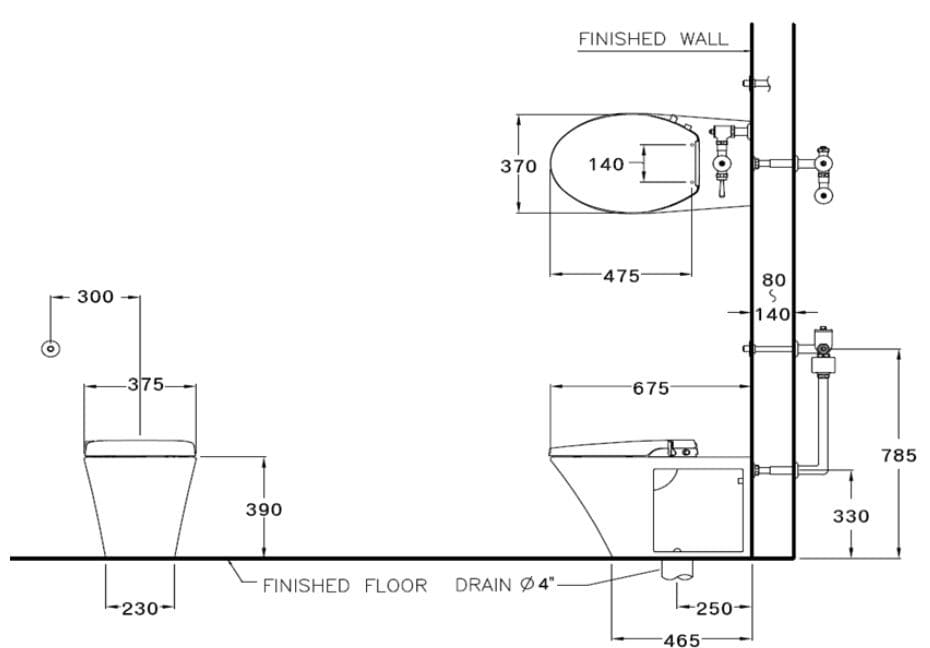 Bản vẽ Bàn cầu đặt sàn nắp rửa cơ COTTO C1322(CN1)