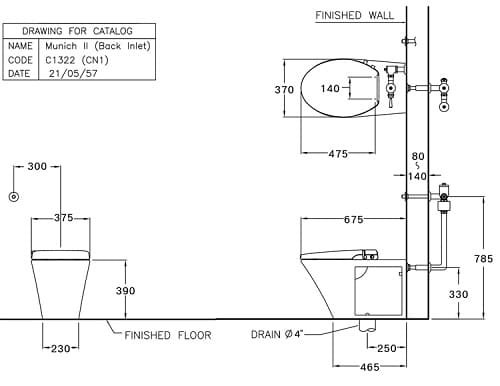 Bản vẽ Bàn cầu đặt sàn nắp rửa cơ COTTO C1322BI(CN1)