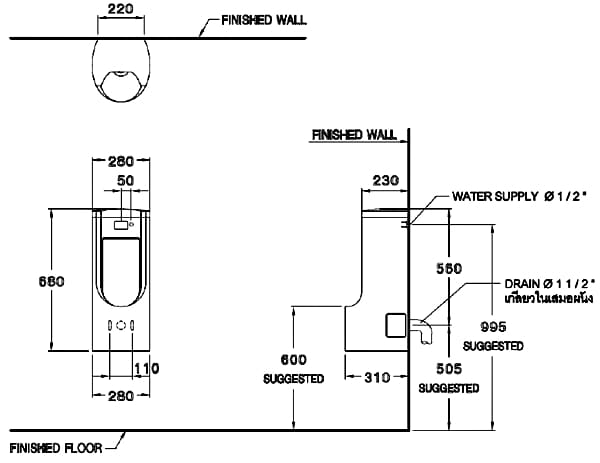 Bản vẽ Bồn Tiểu Nam Cảm Ứng Dùng Điện COTTO C31227AC