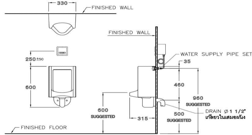 Bản vẽ Bồn Tiểu Nam Treo Tường COTTO C313BI