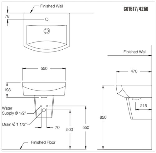 Bản vẽ Chân Chậu Ngắn Treo Tường COTTO C4250