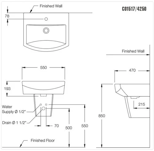 Bản vẽ Chân Chậu Ngắn Treo Tường COTTO C4250