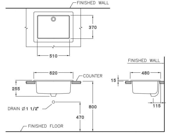 Bản vẽ Chậu Lavabo Dịch Vụ Treo Tường COTTO C5241