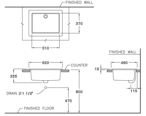 Bản vẽ Chậu Lavabo Dịch Vụ Treo Tường COTTO C5241