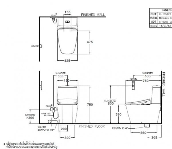 Bản vẽ Bàn Cầu 2 Khối Nắp Điện Tử COTTO C135127(CV9)