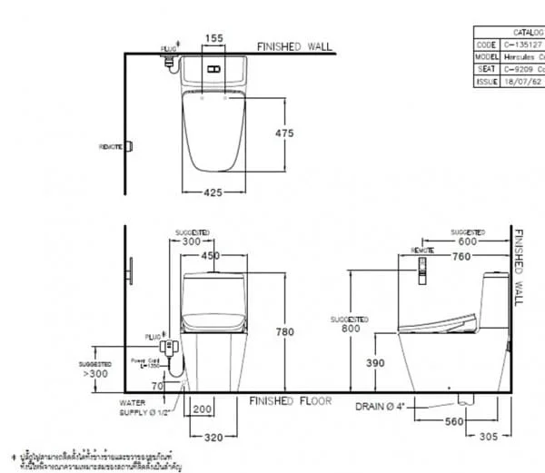 Bản vẽ Bàn Cầu 2 Khối Nắp Điện Tử COTTO C135127(CV9)