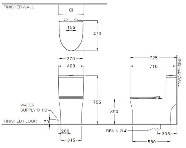 Bản vẽ kỹ thuật Bàn Cầu 1 Khối COTTO C105607(CN5)