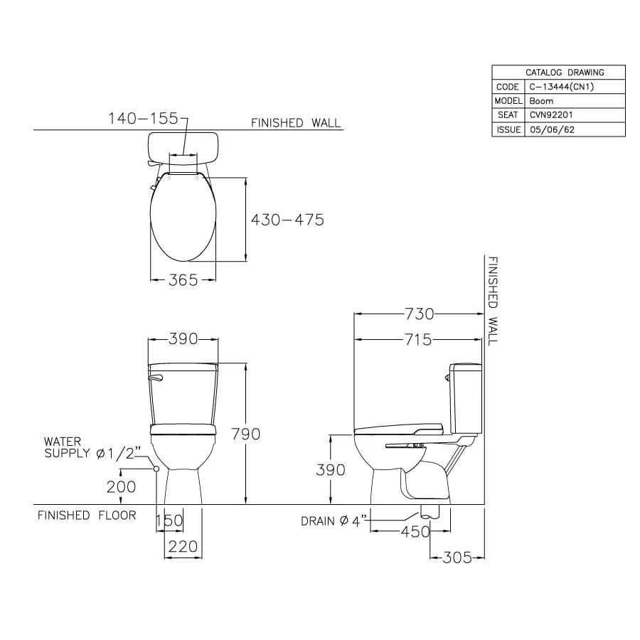 Bản vẽ kỹ thuật Bàn Cầu 2 Khối Nắp Rửa Cơ COTTO C13444(CN1)
