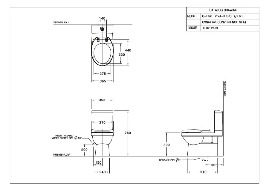 Bản vẽ Bàn Cầu 2 Khối Nắp Rửa Cơ COTTO C1881(CN3)