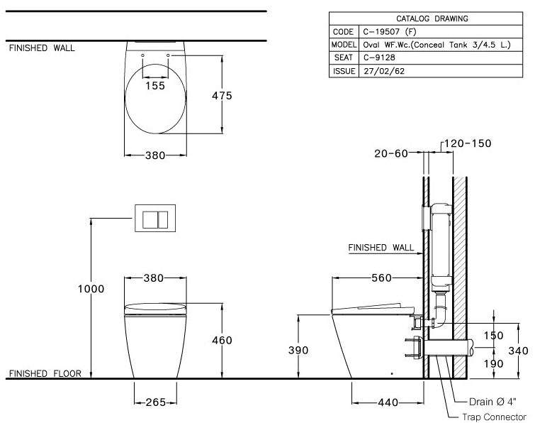 Bản vẽ Bàn cầu đặt sàn thoát ngang COTTO SC19507(F)