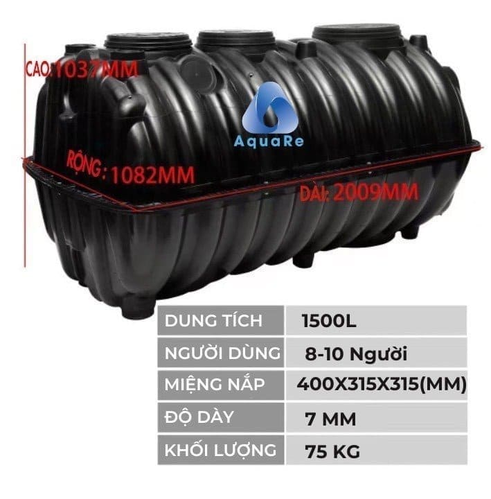Thông số kỹ thuật bể phốt tự hoại AquaRe 1500l ngang