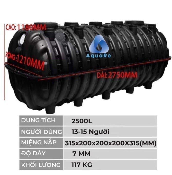Thông số kỹ thuật bể phốt tự hoại AquaRe 2500l ngang
