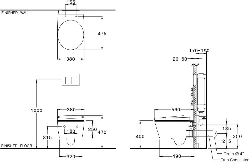 Bản vẽ Bàn cầu treo tường thoát ngang COTTO SC19517(T)