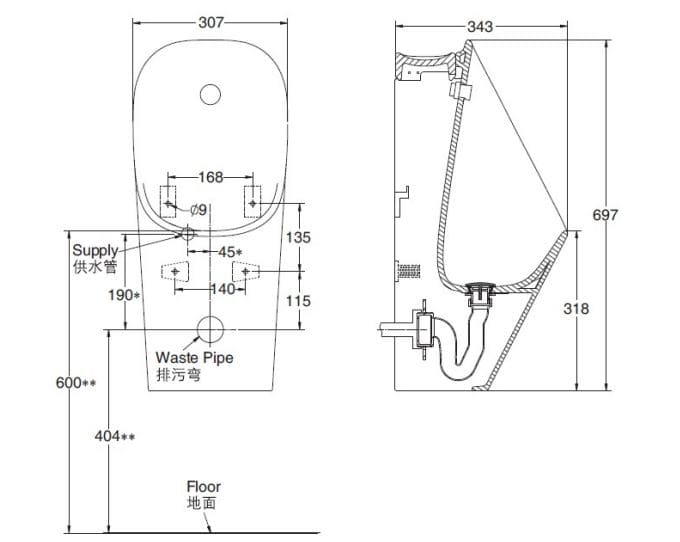 Bản vẽ bồn tiểu nam cảm ứng Kohler K-21839T-2ER-0