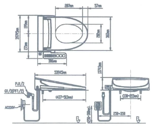 Bản vẽ kỹ thuật Nắp bàn cầu điện tử Inax CW-KA22AVN