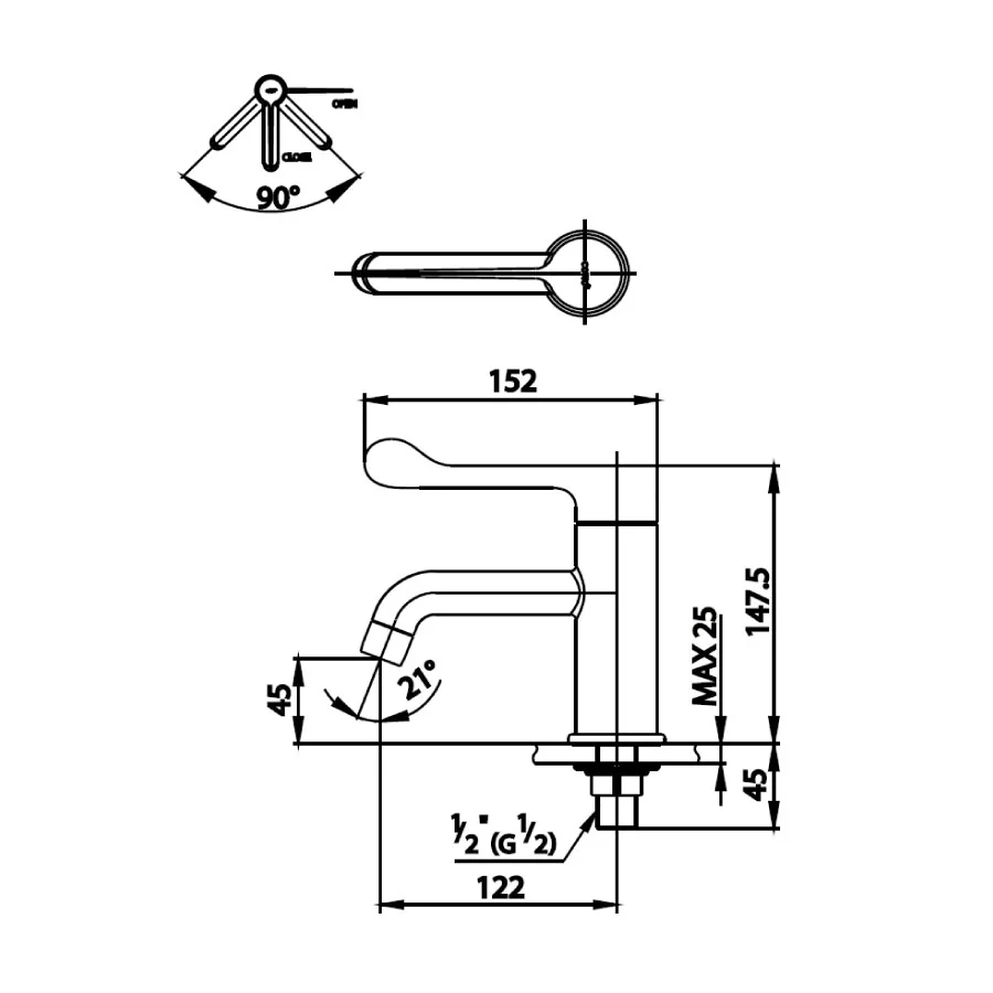 Bản vẽ Vòi rửa mặt lavabo lạnh COTTO CT1058X(HM)