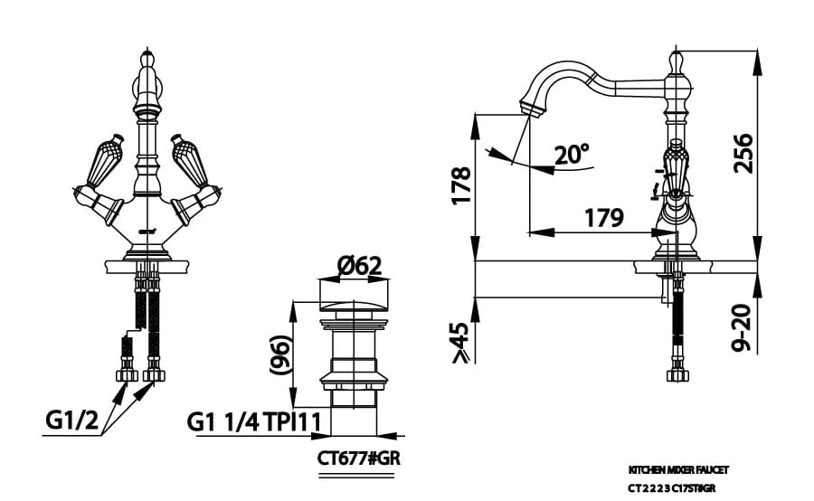 Bản vẽ Vòi rửa mặt lavabo nóng lạnh COTTO CT2223C17ST#GR