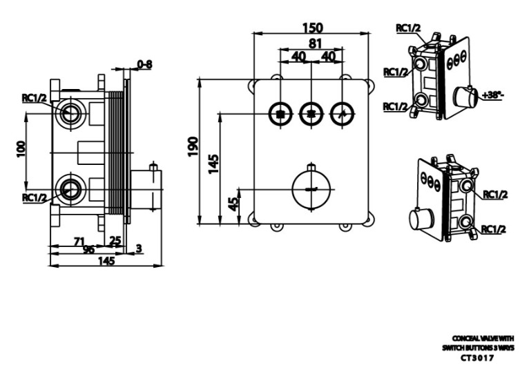 Bản vẽ kỹ thuật Củ sen tắm âm tường COTTO CT3017