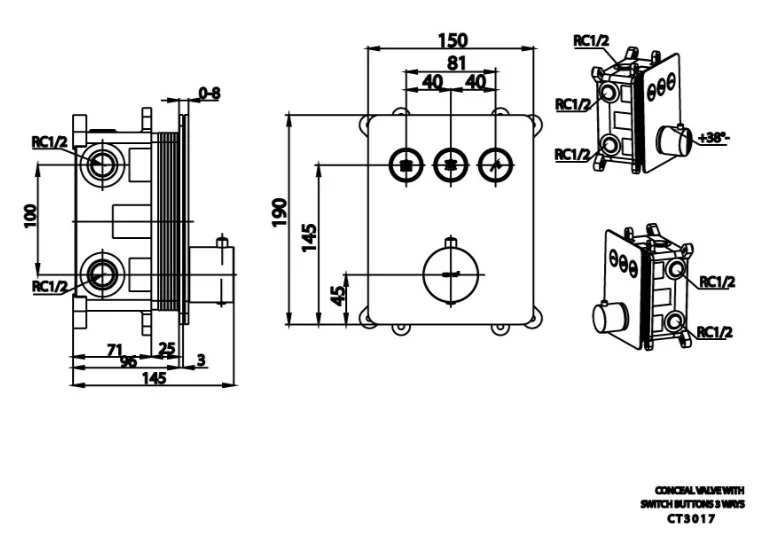 Bản vẽ kỹ thuật Củ sen tắm âm tường COTTO CT3017