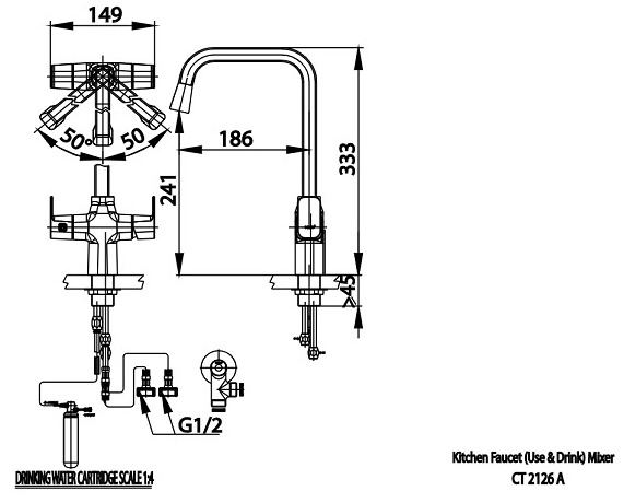 Bản vẽ kỹ thuật Vòi rửa bát nóng lạnh 3 đường nước COTTO CT2126A
