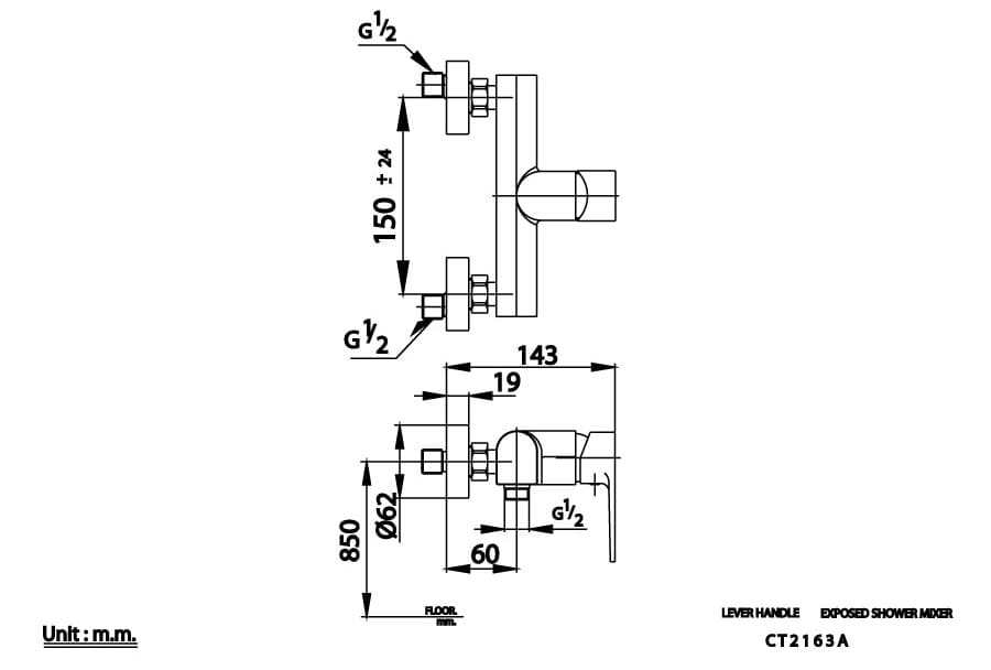 Bản vẽ kỹ thuật Củ sen tắm nóng lạnh COTTO CT2163A