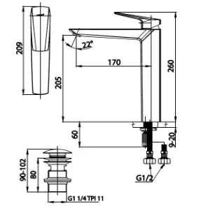 Bản vẽ Vòi rửa mặt lavabo nóng lạnh thân cao COTTO CT2322AY
