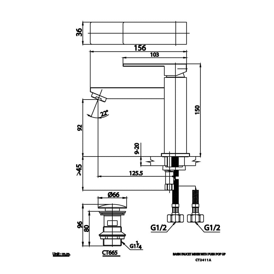 Bản vẽ Vòi rửa mặt lavabo nóng lạnh COTTO CT2411A