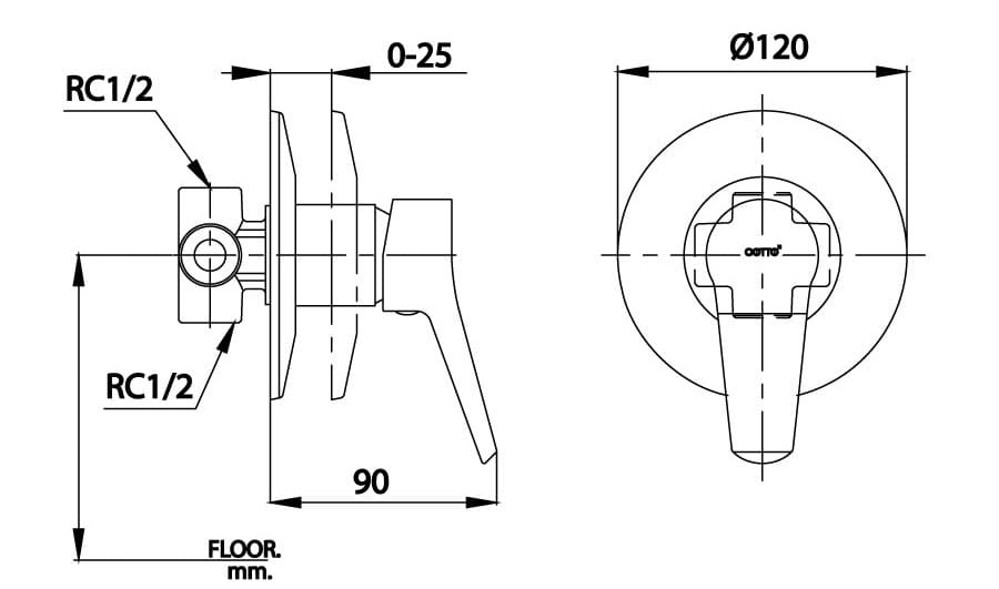 Bản vẽ Van điều chỉnh sen tắm âm tường COTTO CT3008AE 
