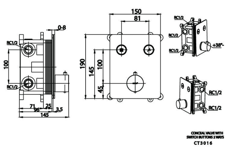Bản vẽ Van điều chỉnh sen tắm âm tường COTTO CT3016