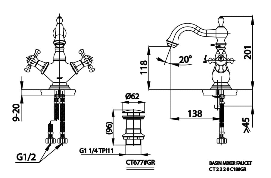 Bản vẽ Vòi rửa mặt lavabo nóng lạnh COTTO CT2220C18#GR