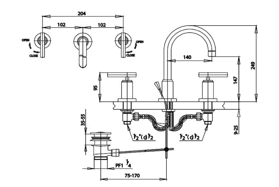 Bản vẽ kỹ thuật Vòi rửa mặt lavabo nóng lạnh 3 lỗ COTTO CT238C20