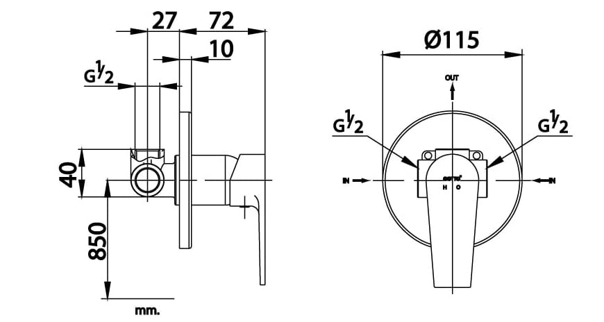 Bản vẽ kỹ thuật Van điều chỉnh sen tắm âm tường COTTO CT2161A