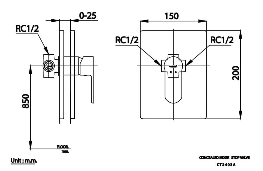 Bản vẽ Van điều chỉnh sen tắm âm tường COTTO CT2403A