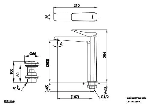 Bản vẽ Vòi rửa mặt lavabo lạnh COTTO CT1242AY#BL