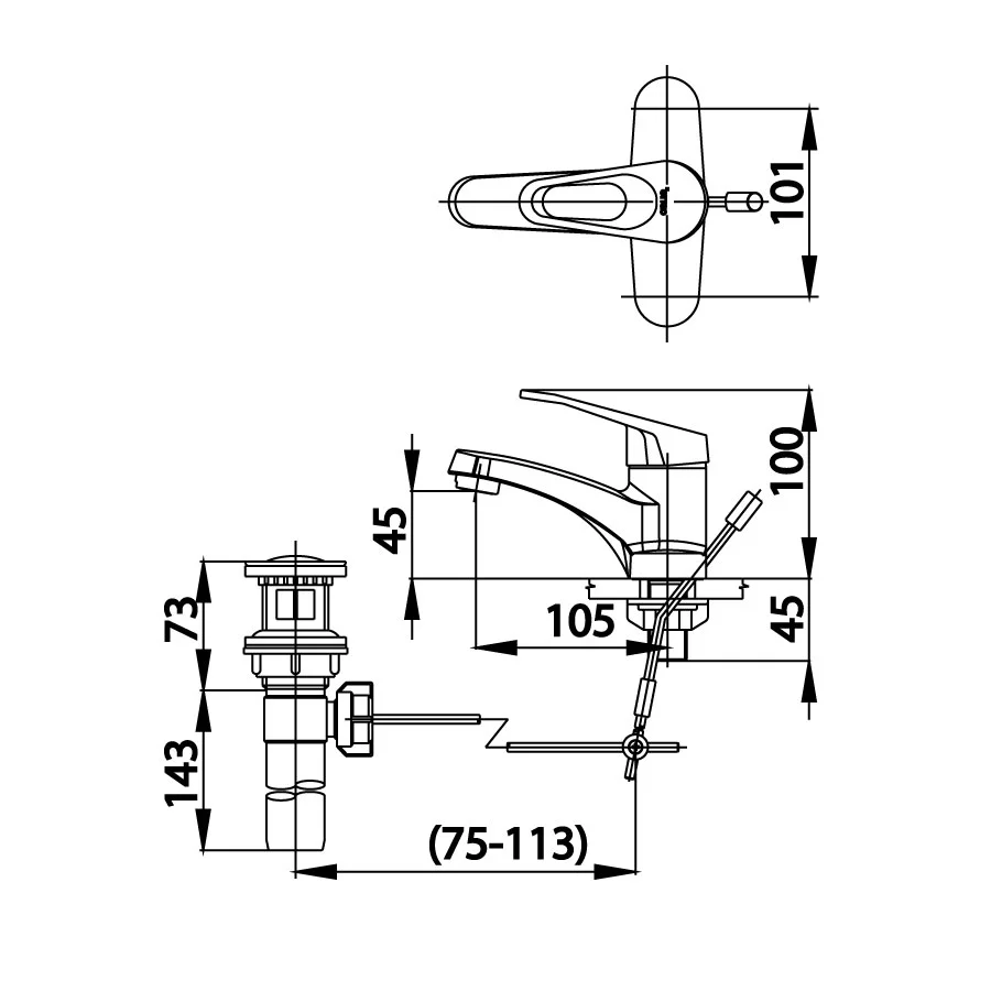 Bản vẽ Vòi rửa mặt lavabo nóng lạnh 3 lỗ COTTO CT2173A