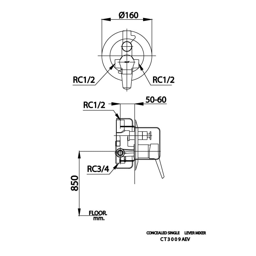 Bản vẽ Van điều chỉnh sen tắm âm tường COTTO CT3009AEV