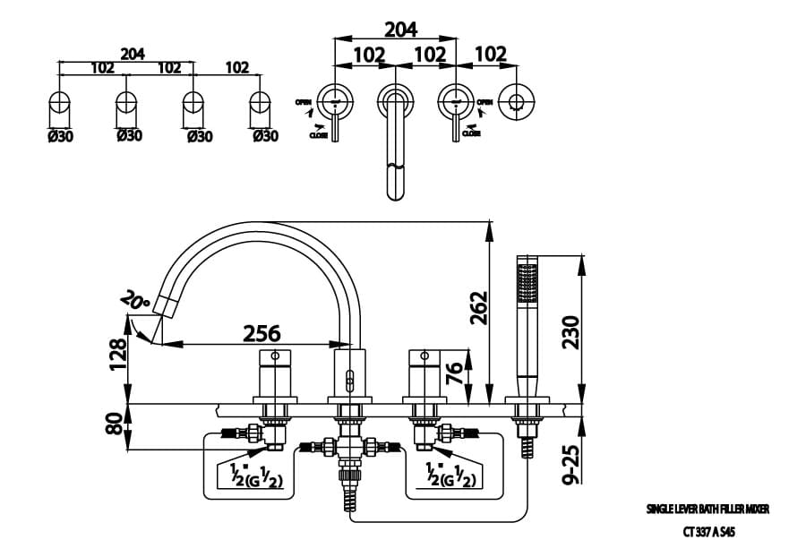 Bản vẽ Vòi sen xả bồn tắm gắn bồn COTTO CT337AS45