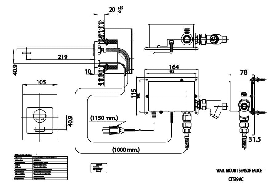 Bản vẽ kỹ thuật Vòi rửa mặt lavabo cảm ứng gắn tường COTTO CT539AC