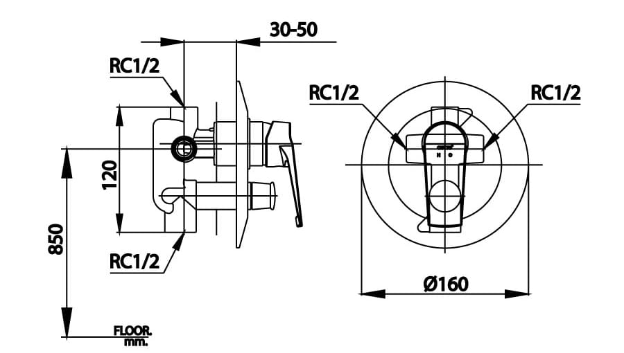 Bản vẽ Van điều chỉnh sen tắm âm tường COTTO CT2249AV